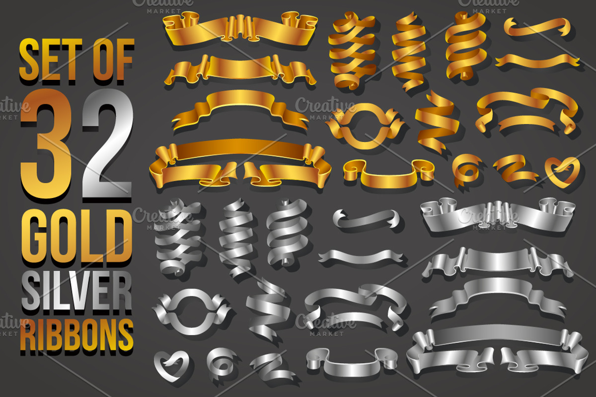Gold and silver ribbons set, an Object Graphic by Artha Design Studio