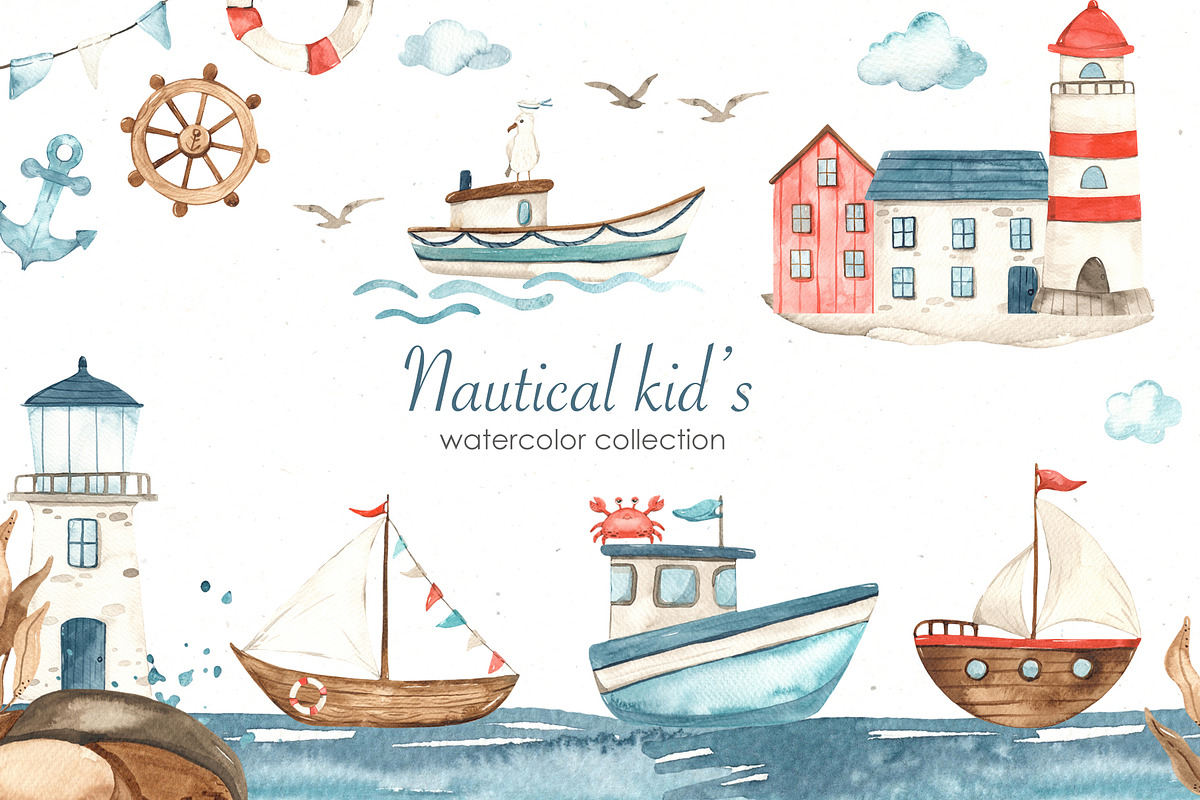 Nautical kids watercolor, a Transportation Illustration by Marina Ermakova (Photo 1 of 12)