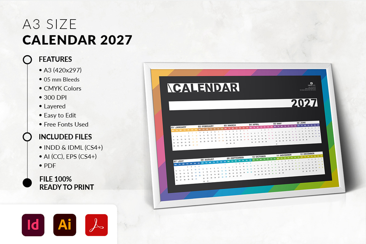 A3 2027 Landscape Calendar Template, a Stationery Template by MstArtwork (Photo 3 of 6)
