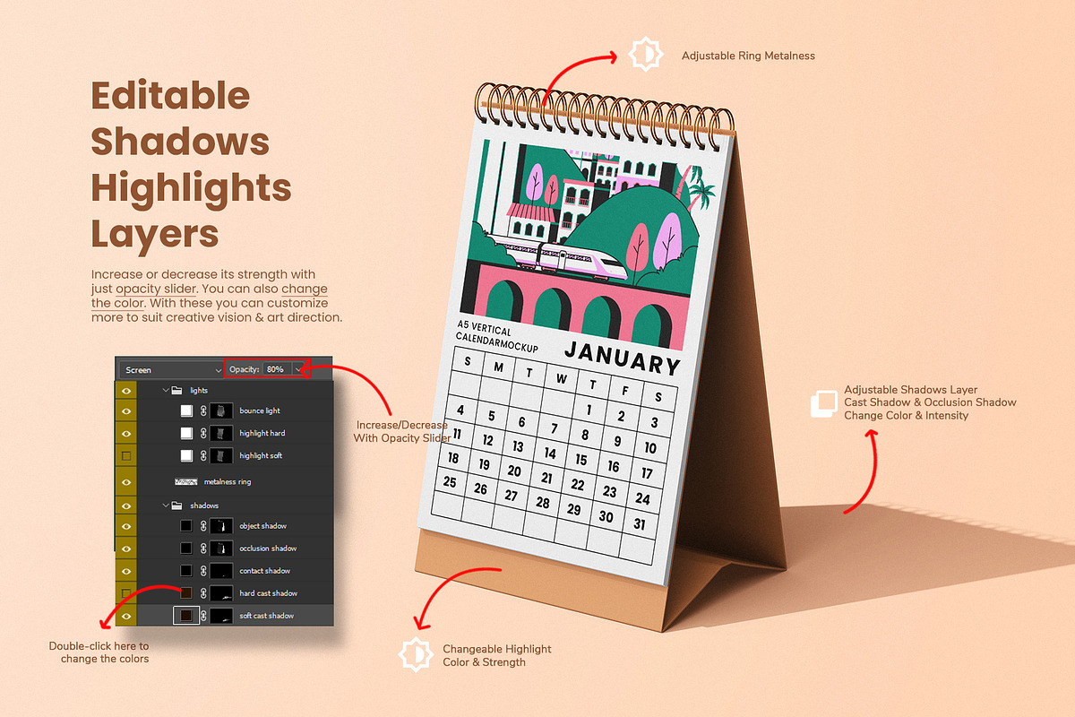 A5 Vertical Desk Calendar Mockup Set, a Household Mockup by Remnand Studio (Photo 5 of 10)