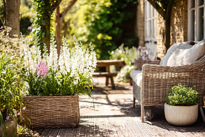 Cottage garden patio with wicker furniture, sun dappled outdoor, a Photo by Studio ANNA