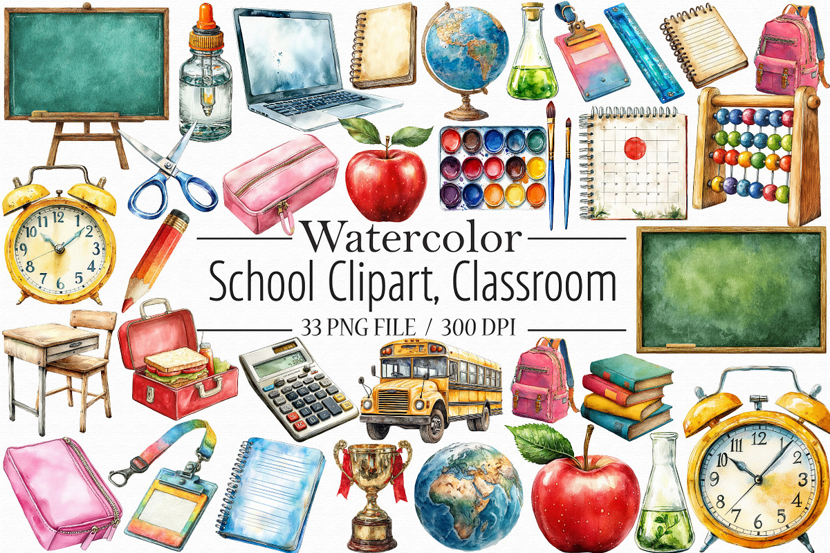 Watercolor School Clipart, Classroom, a Graphic by Libby Wishes (Photo 1 of 6)