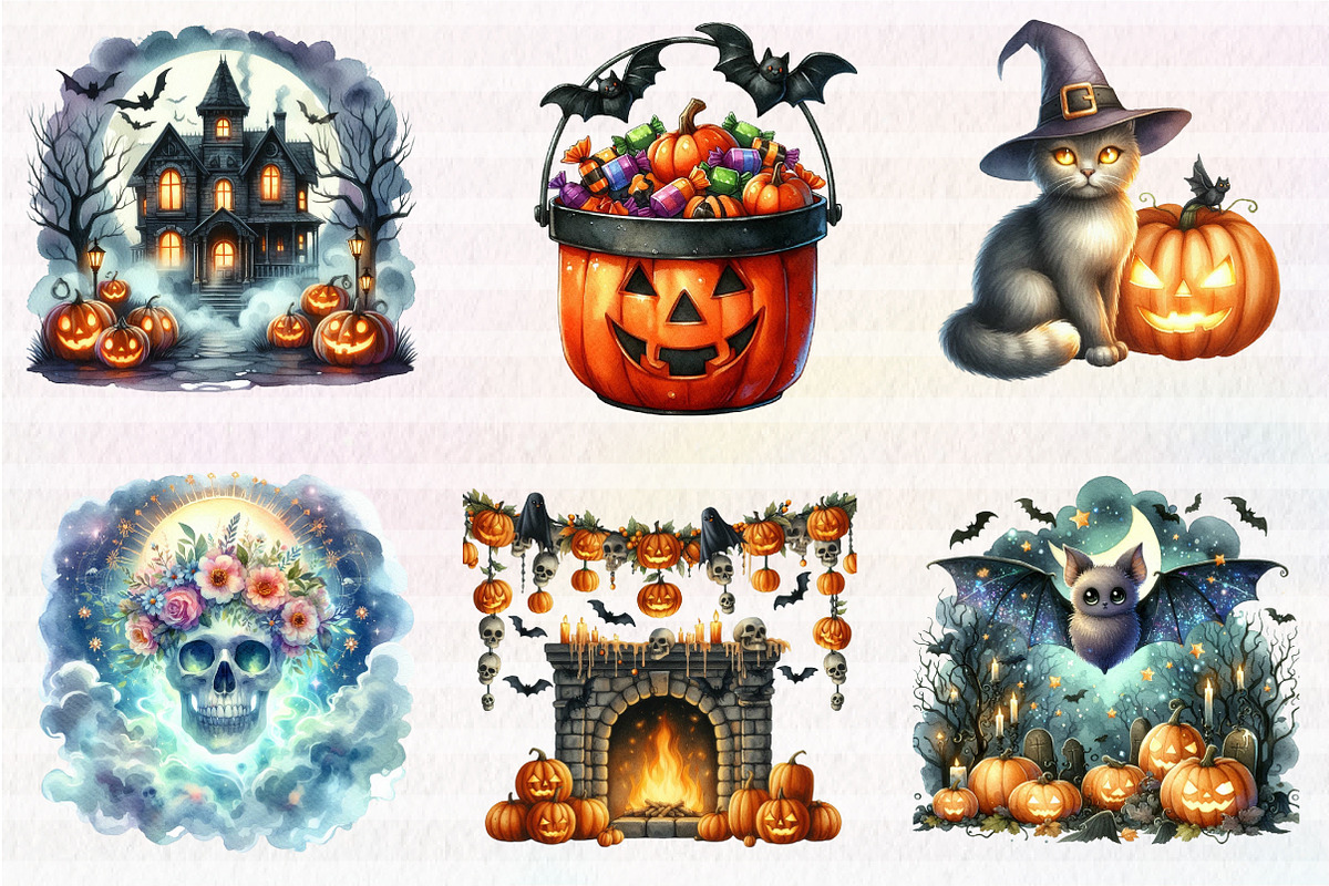 Watercolor Cute Halloween Clipart, an Illustration by CreationArt (Photo 2 of 6)