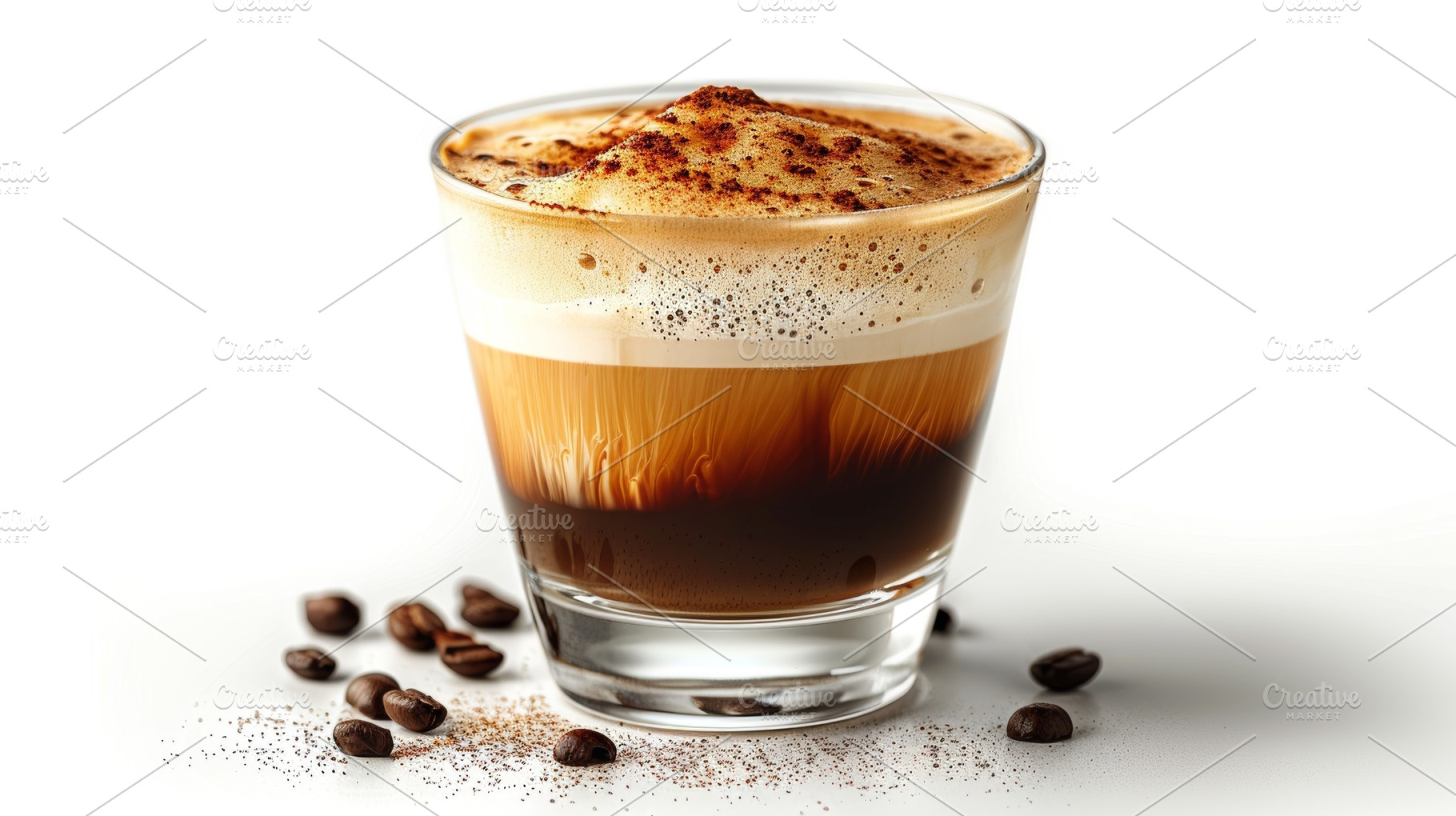 Glass cup of espresso with creamy froth on white background, a Photo by AS photostudio