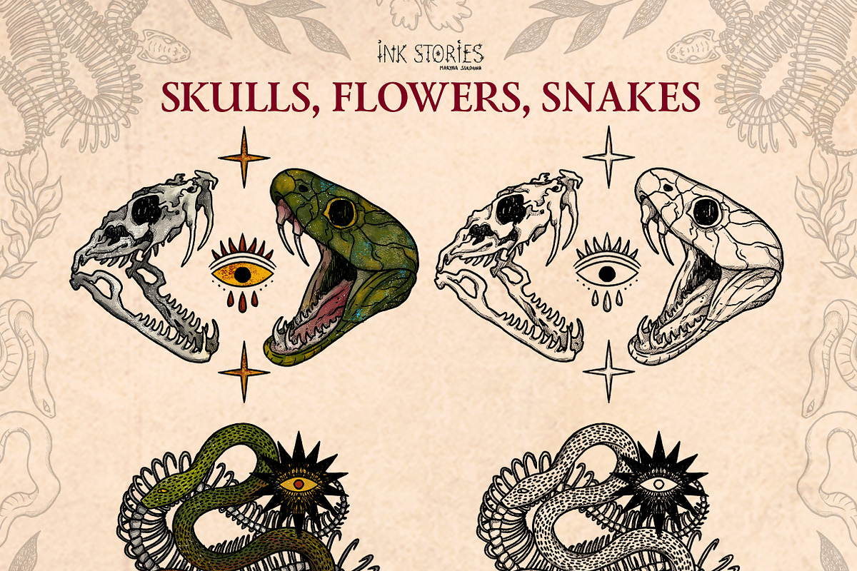 Skulls, Flowers and Snakes | Vintage, a Decorative Illustration by Ink Stories (Photo 6 of 12)