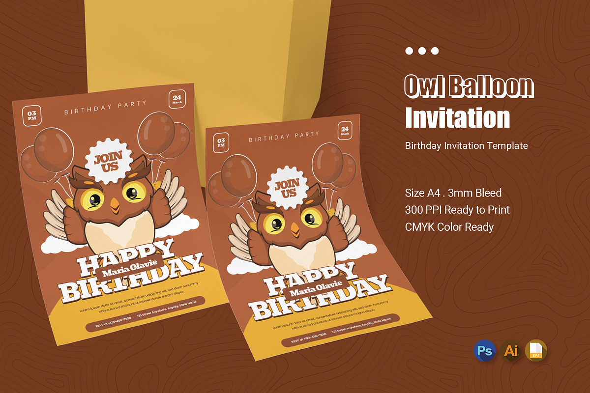 Owl Balloon Birthday Party Invitatio, an Invitation Template by Esensifiksi.studio (Photo 1 of 2)