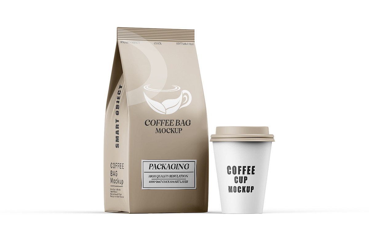 Coffee Bag with Cup Mockup Set, a Packaging Mockup by pixelmock (Photo 9 of 15)