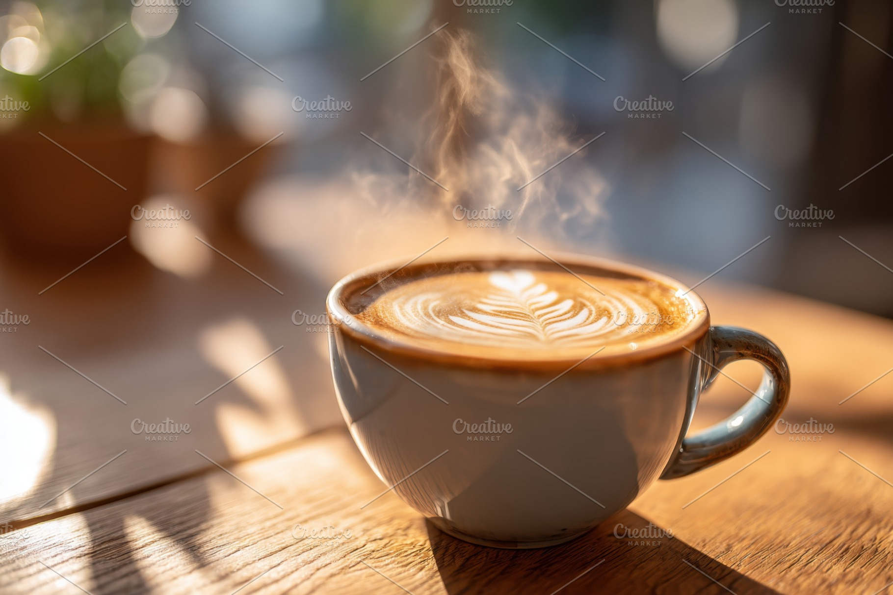 Steaming cup of coffee with latte art, a Food & Drink Photo by AlyaAnd