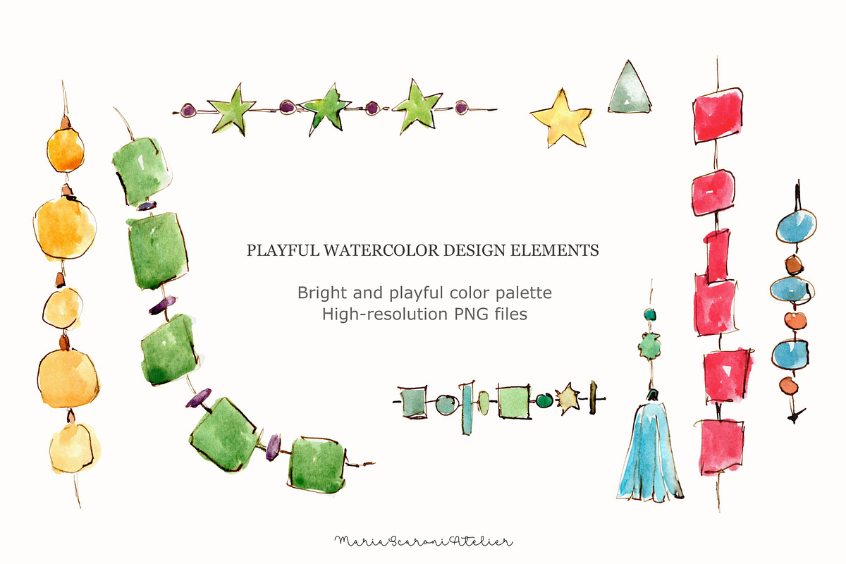 Playful Watercolor Design Elements, an Object Illustration by MariaScaroniAtelier (Photo 3 of 10)
