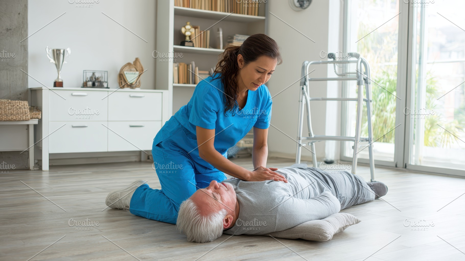 Nurse assisting elderly man fallen o, a Photo by Pixeness Studio