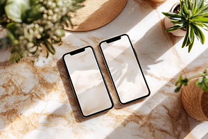 Modern smartphone mockups elegantly displayed on a marble surface in bright nat, a Photo by AlyaAnd