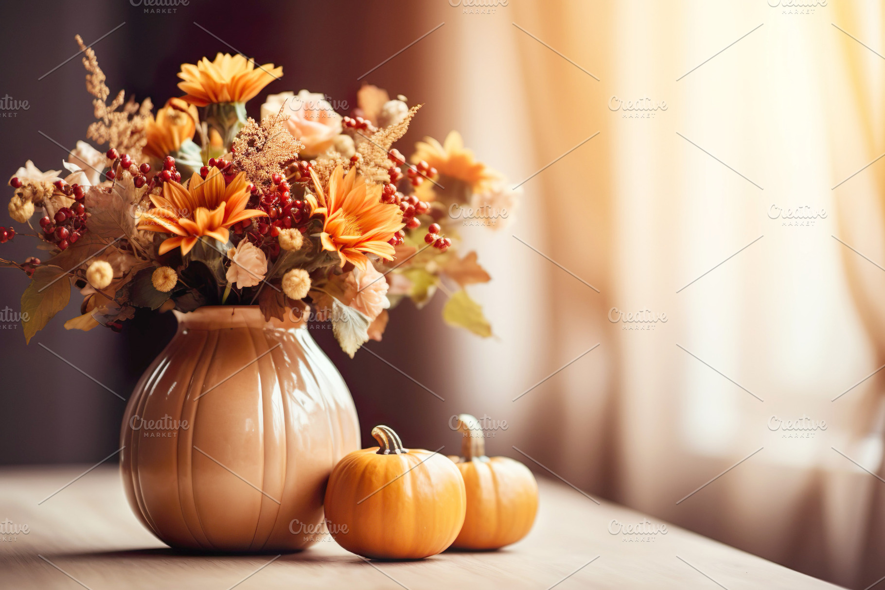 Trendy Vase with Autumn Flower Bouquet And Pumpkins, a Background Photo by Iconogenic
