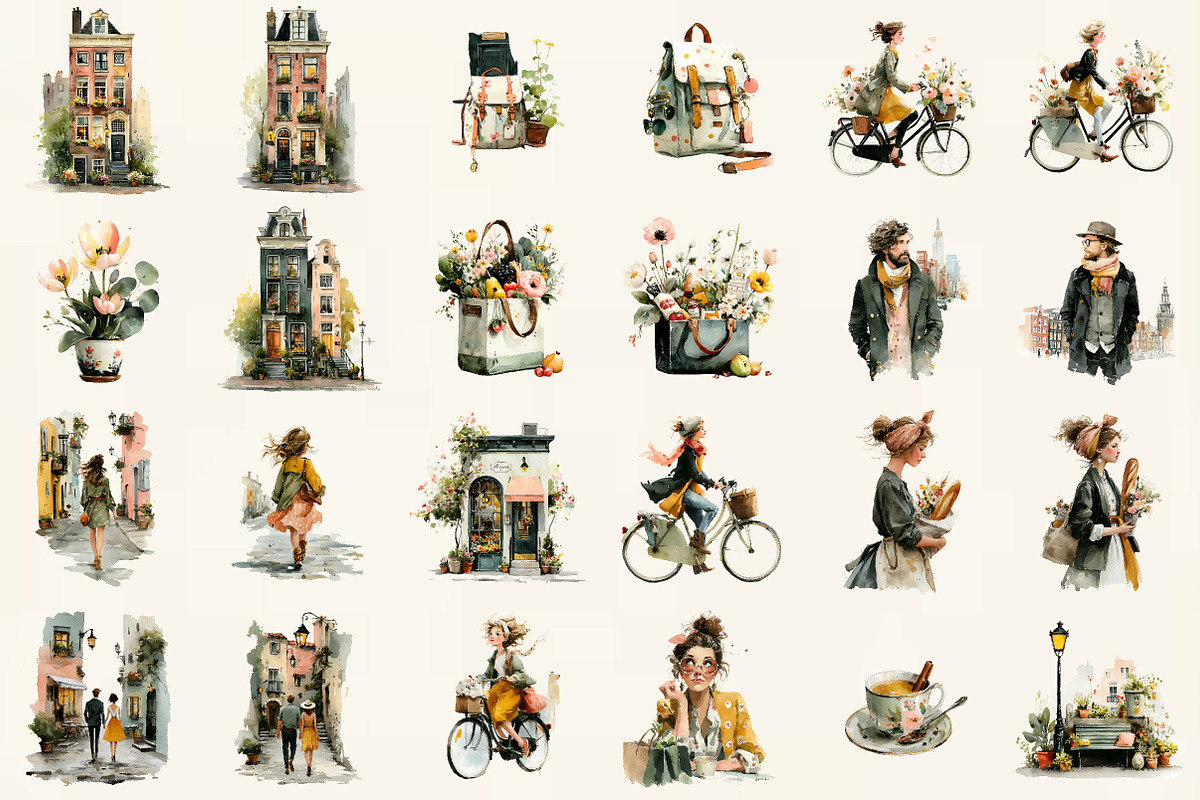 Watercolor Amsterdam City Life PNG, an Illustration by DreamCafeArt (Photo 3 of 6)