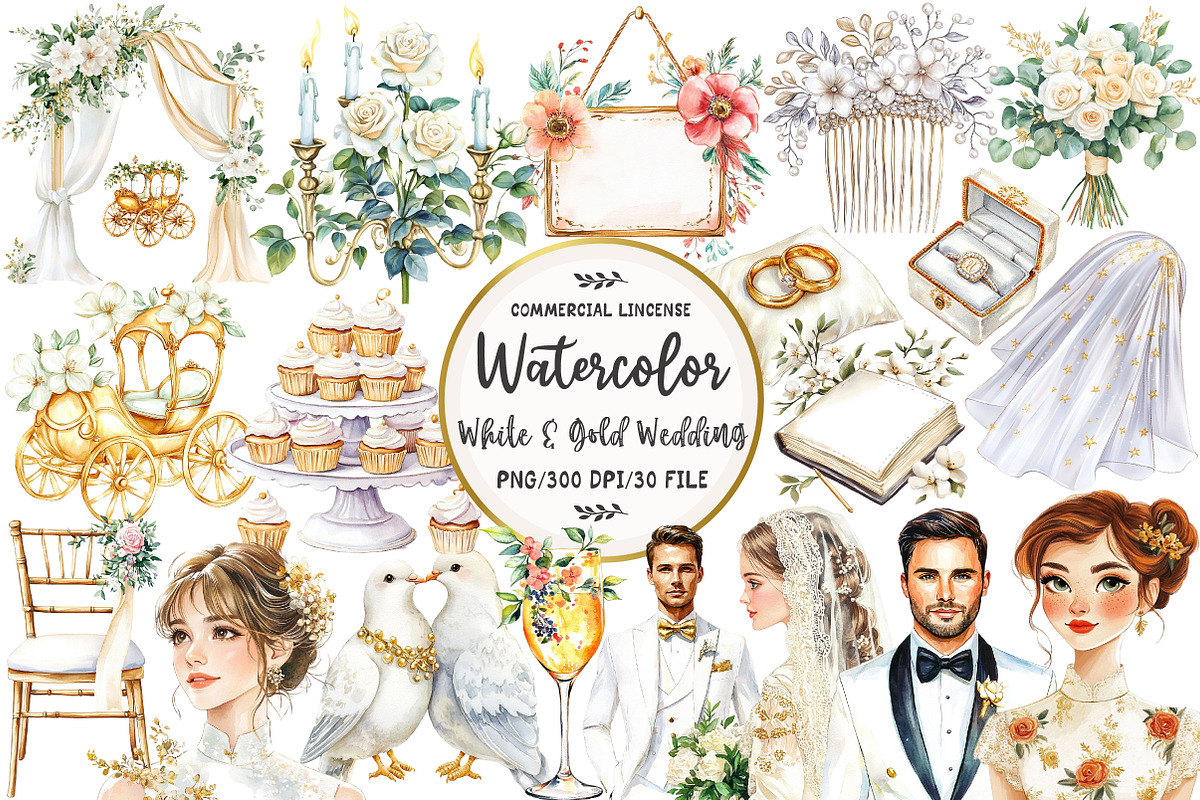White & Gold Wedding Clipart, an Illustration by OK Design (Photo 1 of 5)