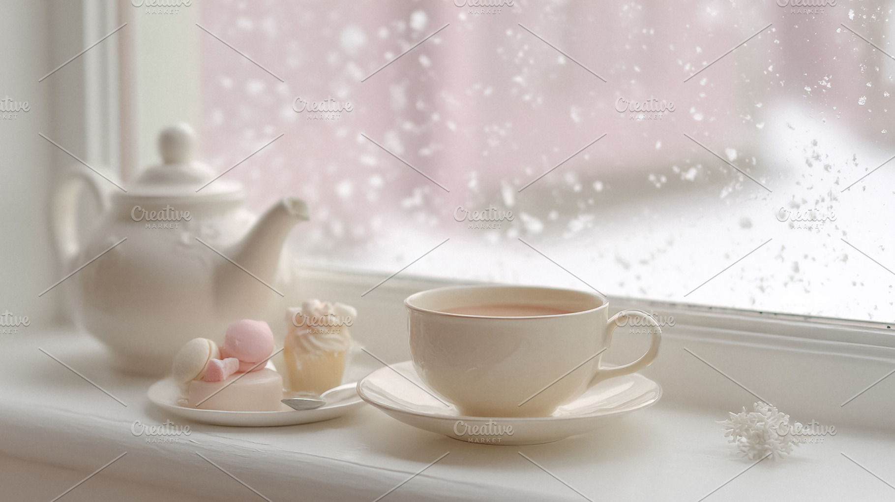 Cozy winter tea time by window with falling snow, hot drink, ket, a Photo by Studio ANNA
