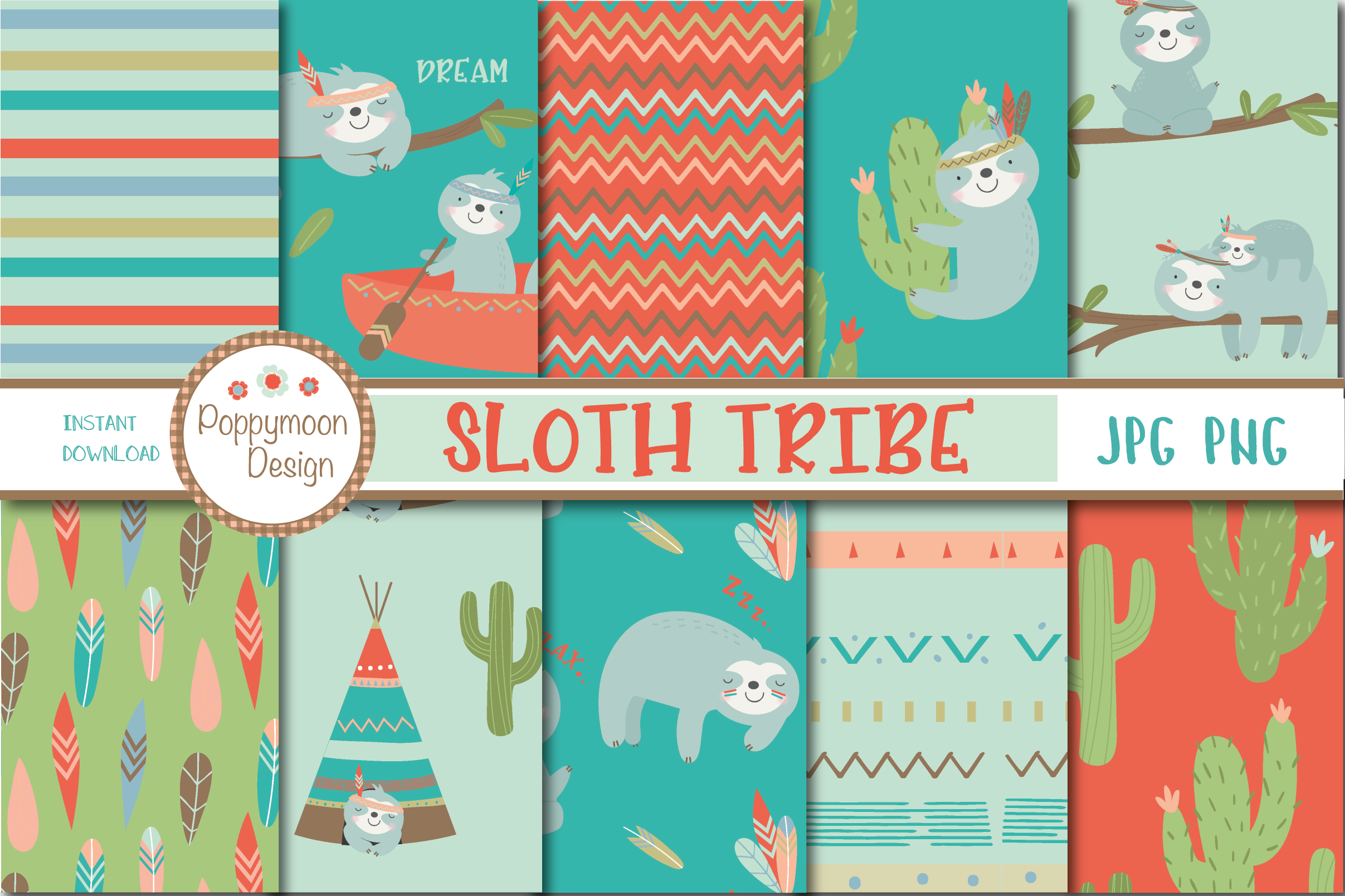 Sloth Tribe papers, a Pattern Graphic by Poppymoondesign
