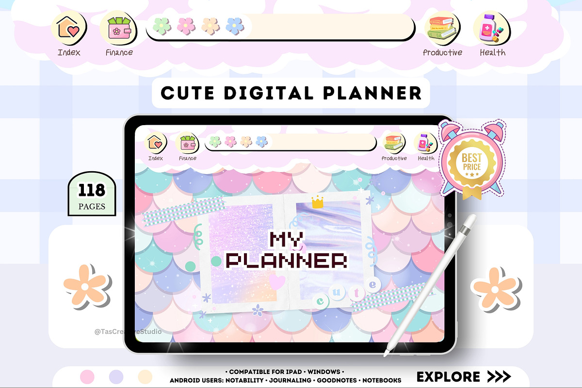 Cute Undated Digital Planner, a Stationery Template by Tas Creative Studio (Photo 2 of 9)