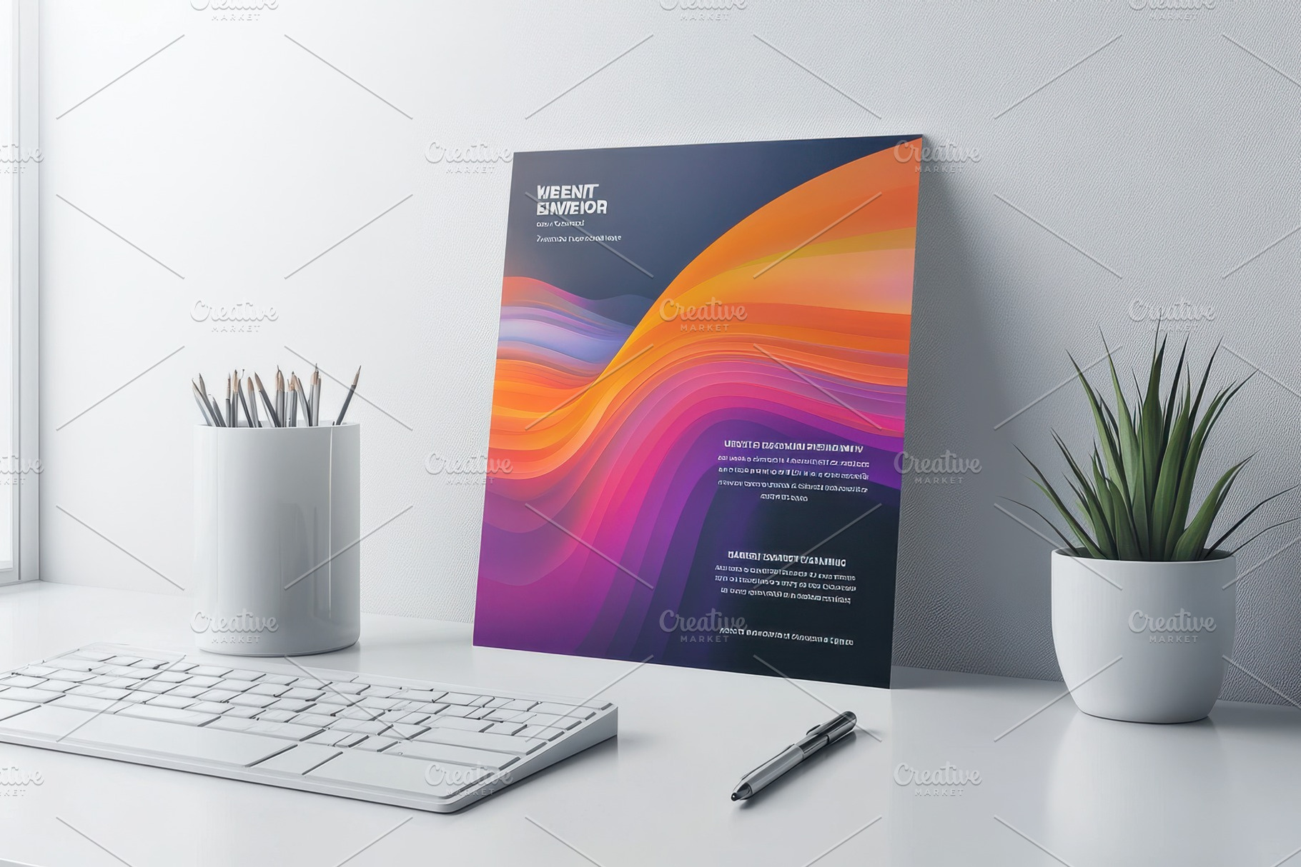 Abstract art poster mockup on a desk, a Background Photo by Pixeness Studio
