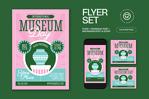 Pink Green Museum Day Flyer Set, a Flyer Template by graphicook