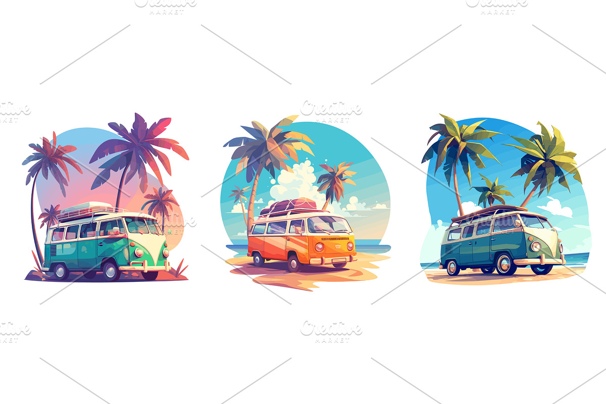 minivans under palm tree. turquoise, a Transportation Illustration by Stock-Smart-Start