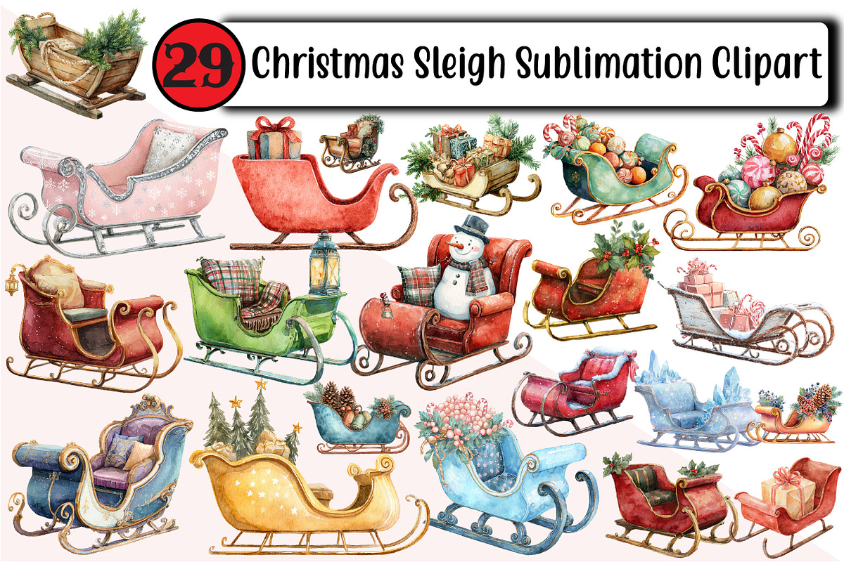 Christmas Sleigh Sublimation Clipart, an Illustration by Design Market (Photo 1 of 3)