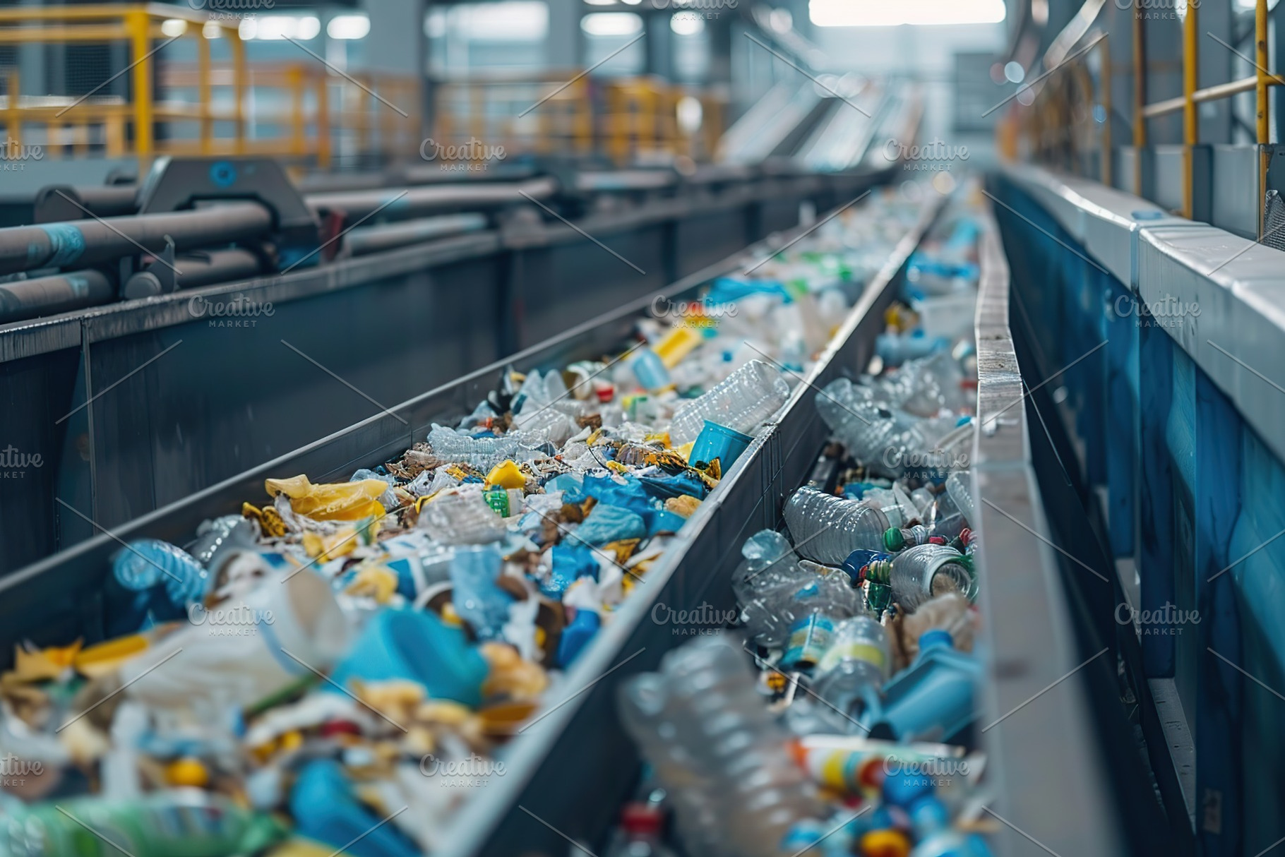 Sorting waste on conveyor with different household waste in factory, an Industrial Photo by AlyaAnd