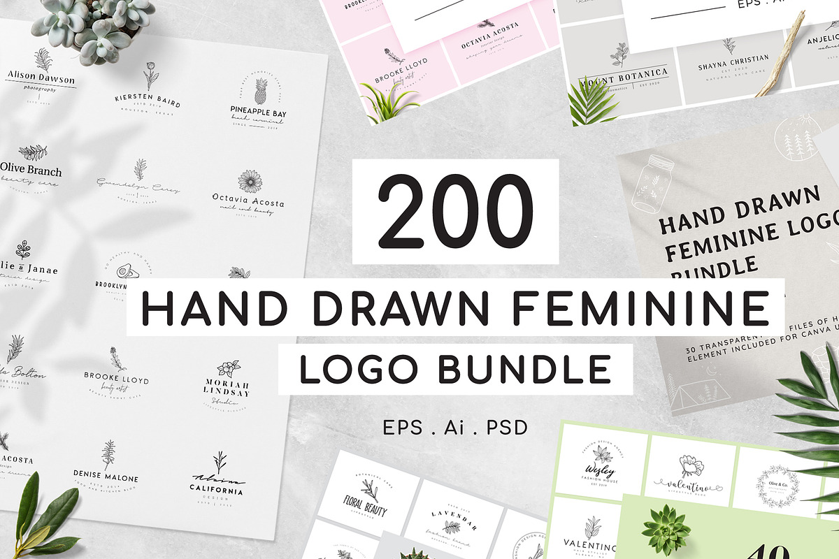 200 Hand Drawn Feminine Logo Bundle, a Branding & Logo Template by XpertgraphicD (Photo 1 of 61)