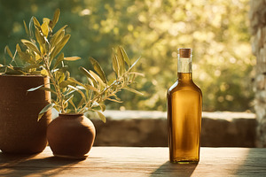 Olive branches in ceramic pots and bottle of olive oil on a wood, a Photo by Studio ANNA
