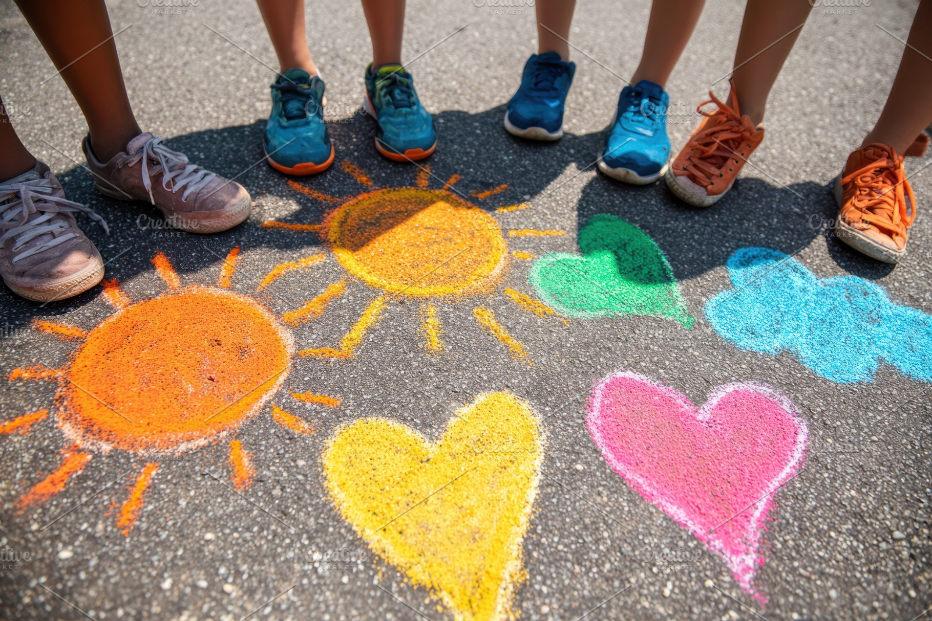 Colorful chalk drawings with children's feet, an Arts & Entertainment Photo by AlyaAnd