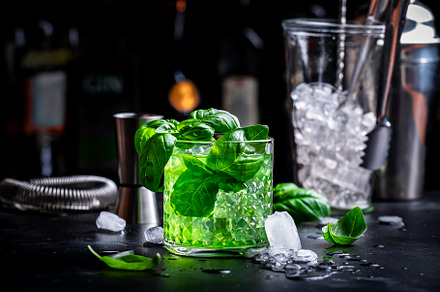 Basil smash green alcoholic cocktail drink with dry gin, sugar s, a Food & Drink Photo by 5PH