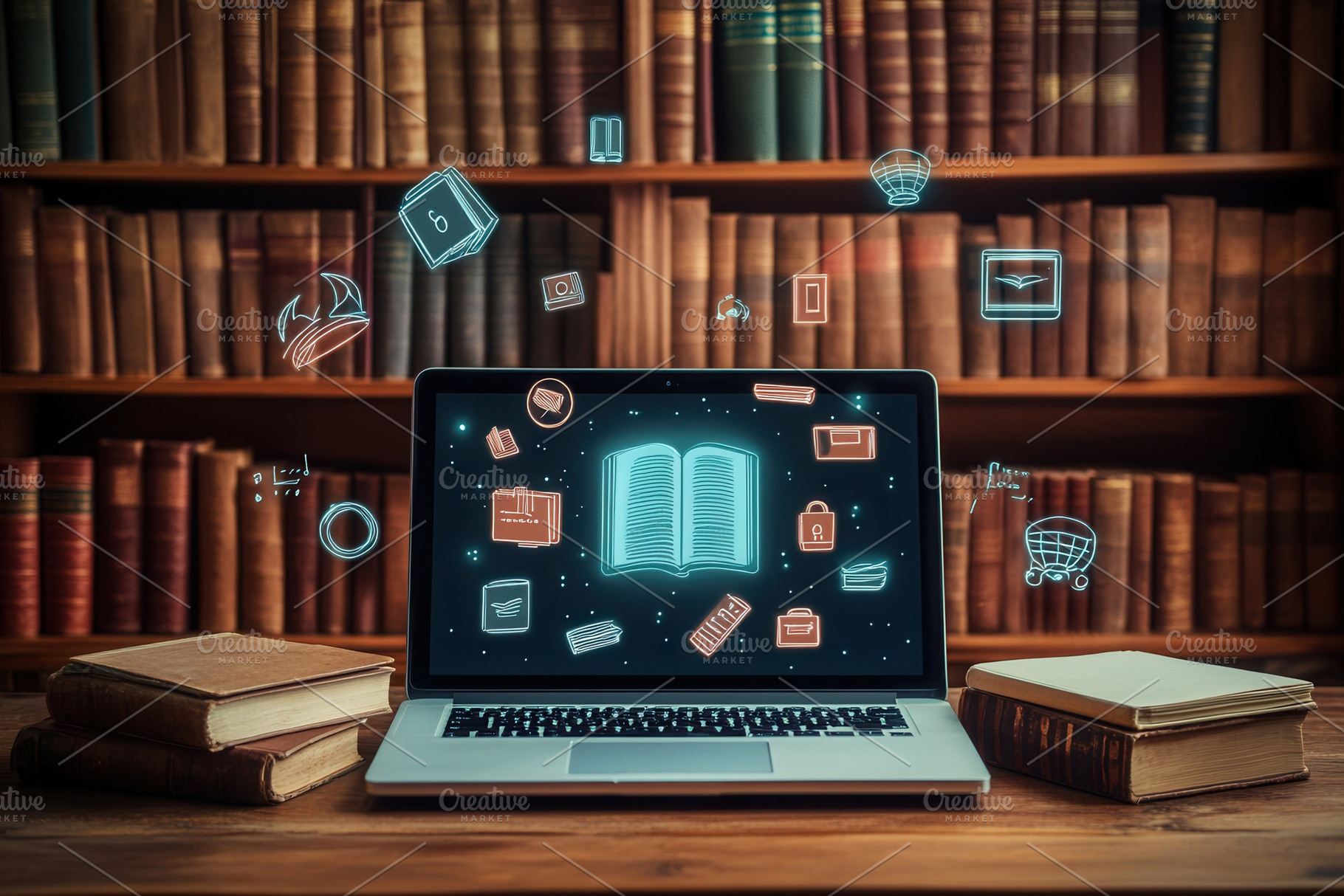 Open laptop showing floating books, a Photo by Pavel_design
