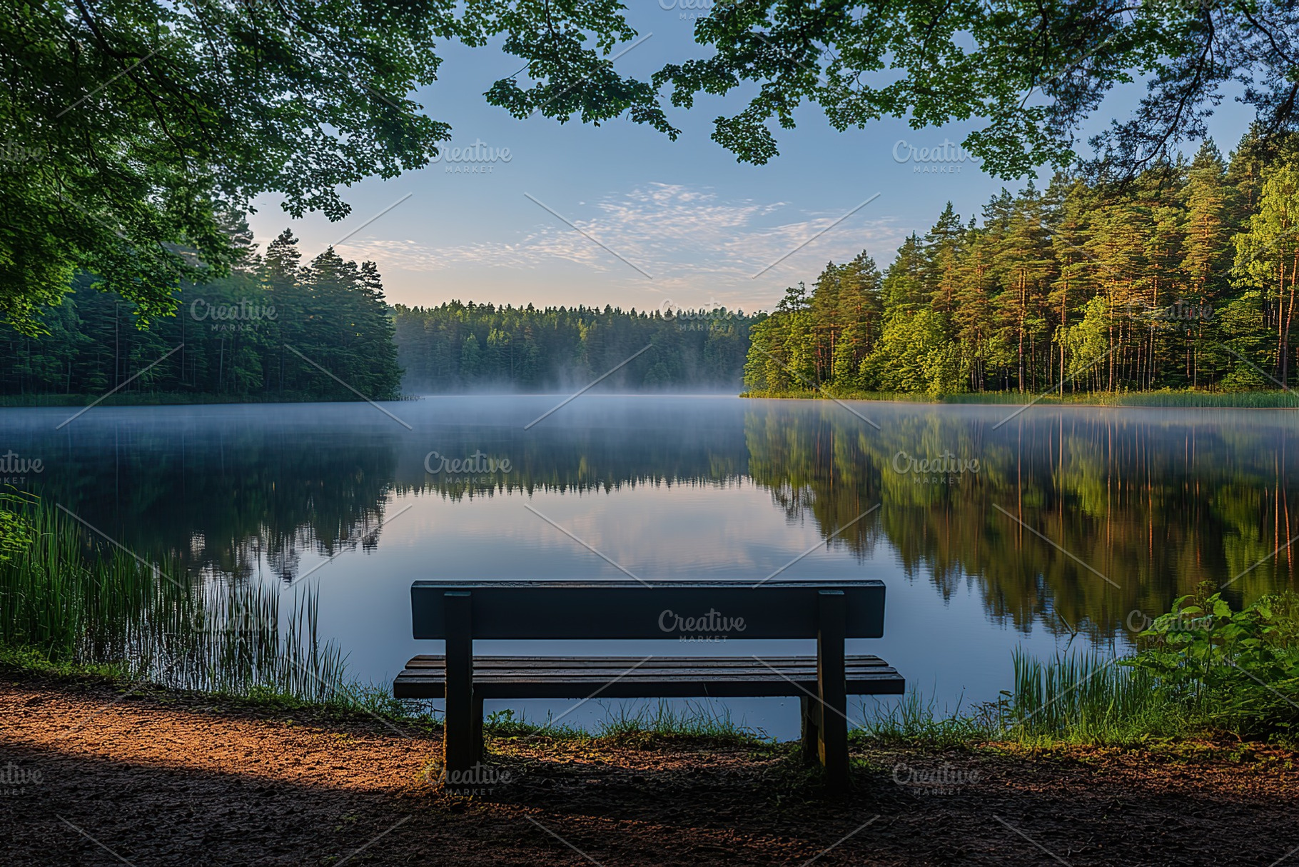 Bench in park with view on the lake in the morning, a Photo by AlyaAnd