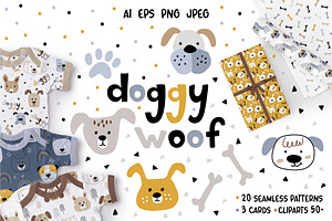 Doggy Woof. Vector dog patterns