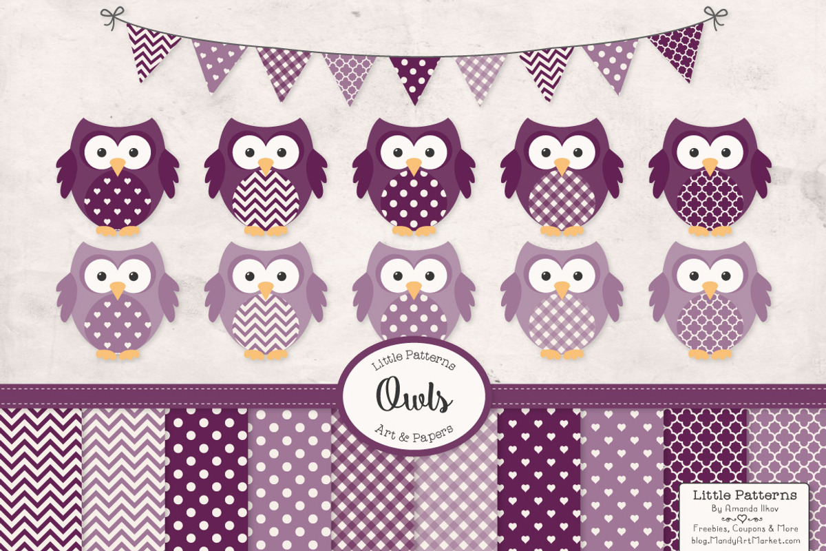 Deep Plum Vector Owls & Papers, an Animal Illustration by Amanda Ilkov (Photo 1 of 3)