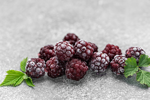 Frozen blackberries with green leaves on gray background, a Food & Drink Photo by Olena Rudo