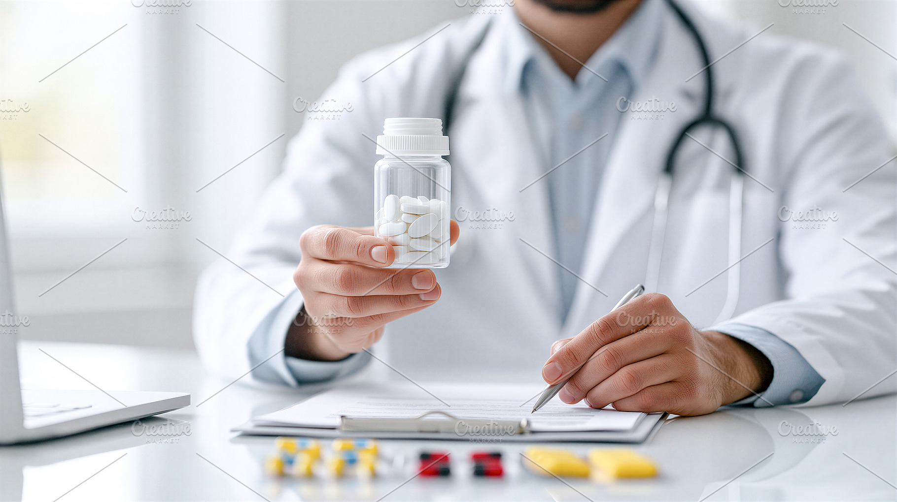 Doctor holding medicine bottle, a Health & Medical Photo by 7DesignLab