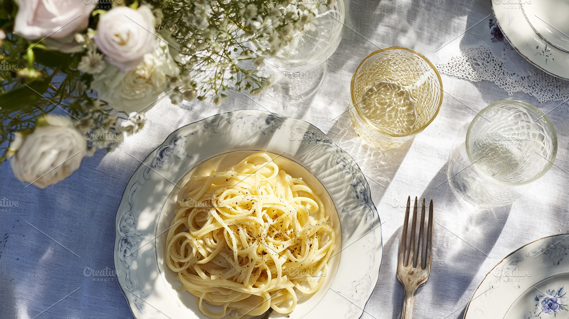 Fresh pasta dish serving outdoors under summer sunlight with ele, a Photo by Studio ANNA