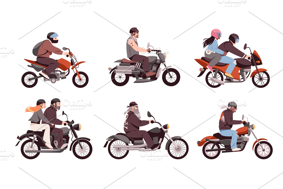 Bikers on motorcycles. Happy people, a Transportation Illustration by YummyBuum
