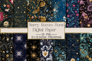 Starry Rococo Floral Digital Paper, a Texture Illustration by DreamPrint404