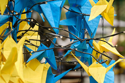 Japanese origami birds of peace blue and yellow concept of peace and help in th, an Arts & Entertainment Photo by Rohan Photography