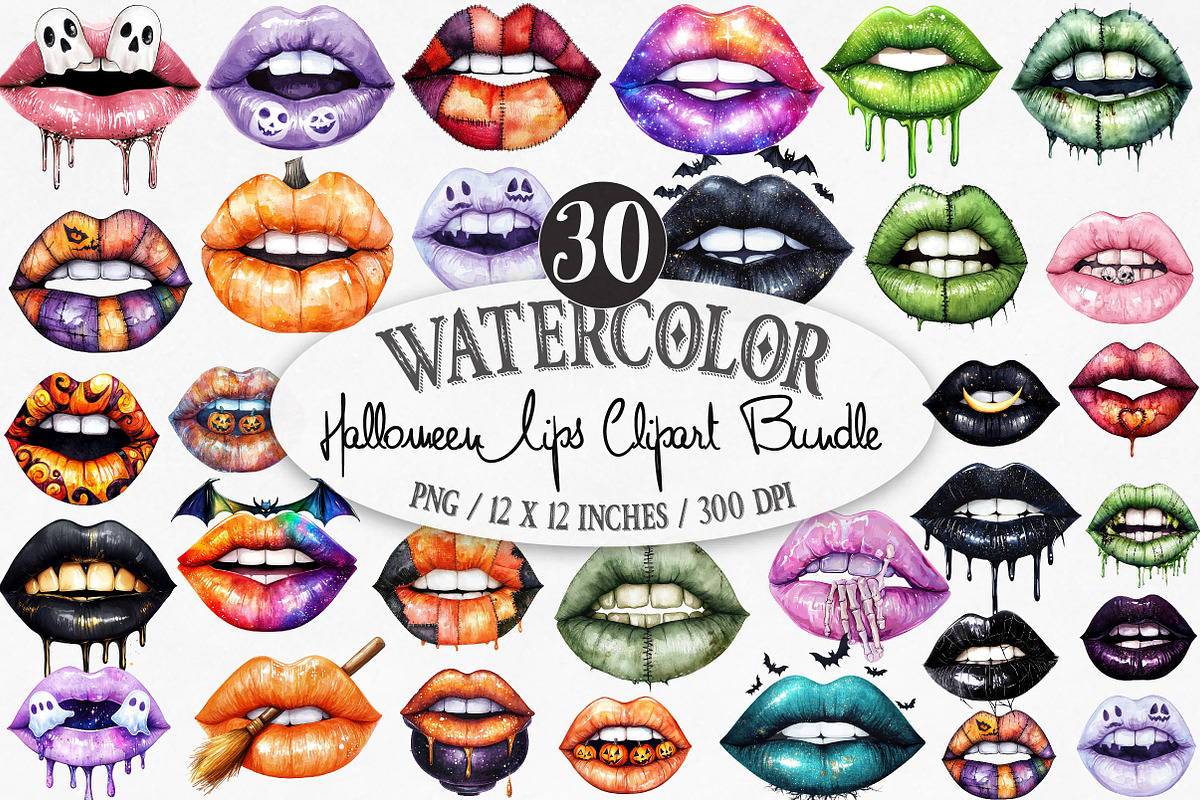 Watercolor Halloween Lips Clipart Bu, an Illustration by Designking (Photo 1 of 4)