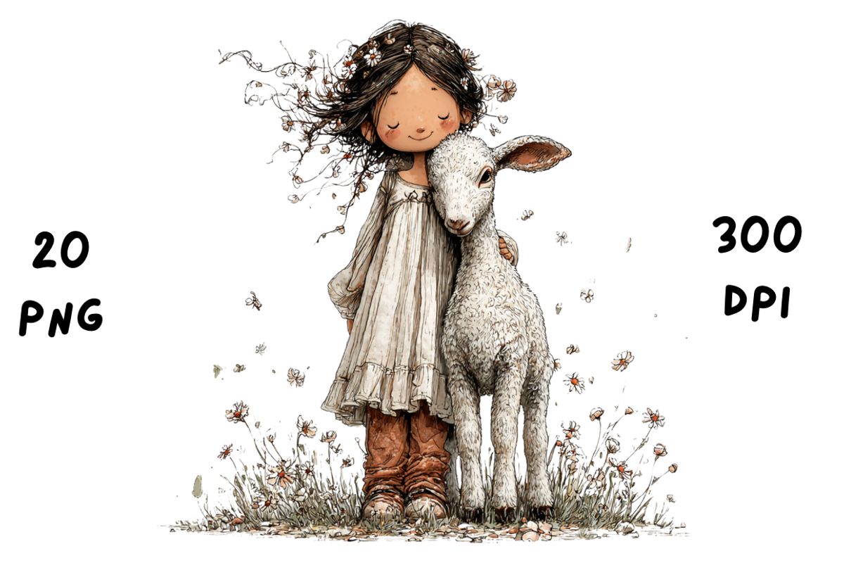 Whimsical Floral Girl & Lamb, an Animal Illustration by GiraffeCreative (Photo 3 of 20)