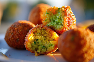 Crispy falafel with bright green center, a Food & Drink Photo by AlyaAnd