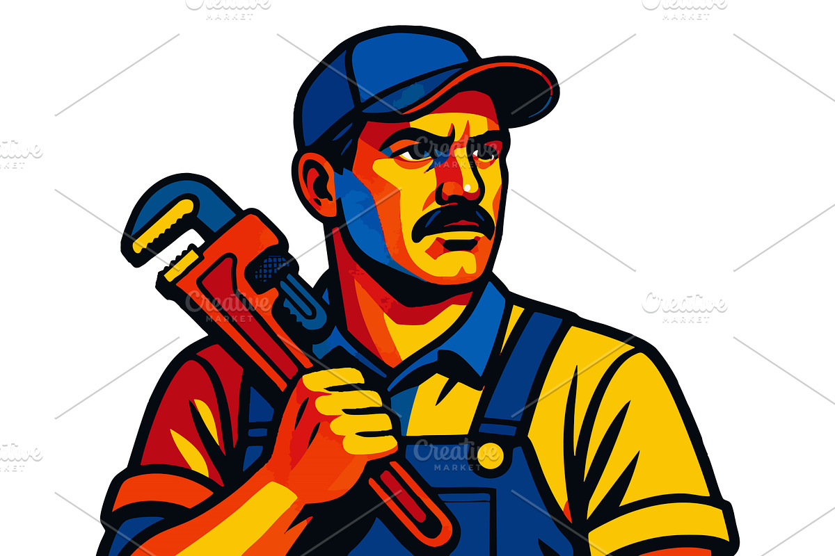Plumber Holding Pipe Wrench vector, an Illustration by AlexArt