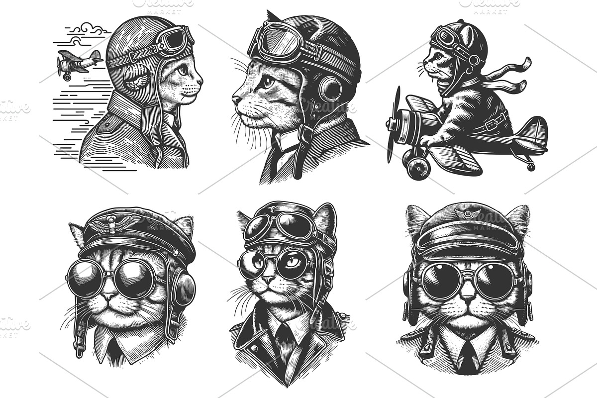 Pilot Cats in Aviator Gear engraving, an Animal Illustration by AlexArt