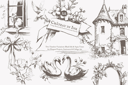 vintage clipart french chateau set, a Decorative Illustration by Patishop Art