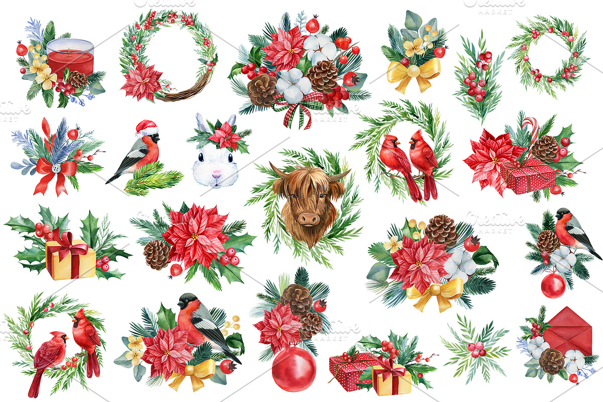 Christmas watercolor clipart, a Decorative Illustration by Hanna Hryharenka (Photo 6 of 19)