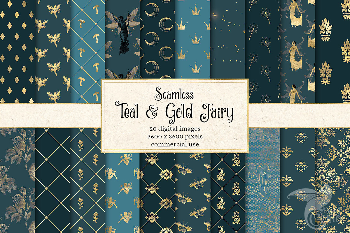 Teal and Gold Fairy Digital Paper, a Texture Graphic by Digital Curio