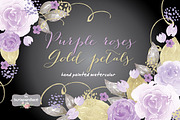 Purple roses, gold petals watercolor, an Illustration by burlapandlace (Thumbnail 2 of 2)