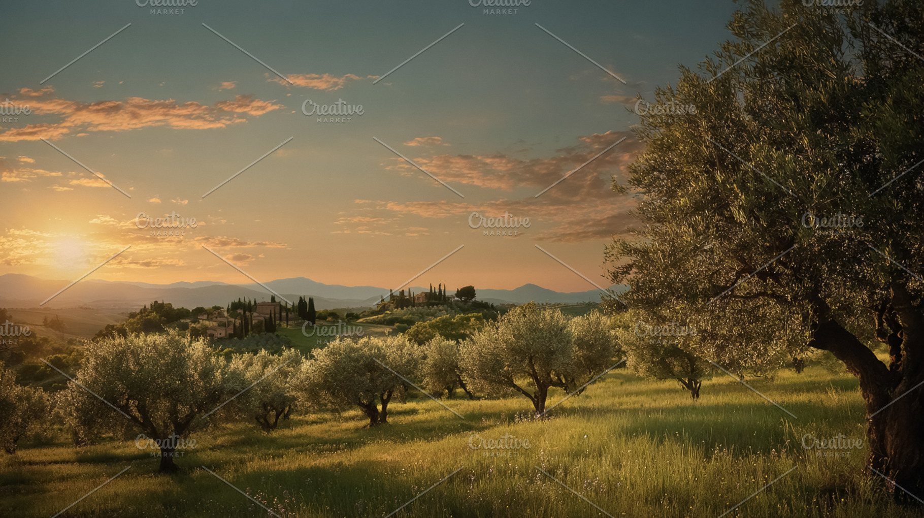 Tuscany olive grove at sunset showing a traditional farmhouse on, a Photo by Studio ANNA